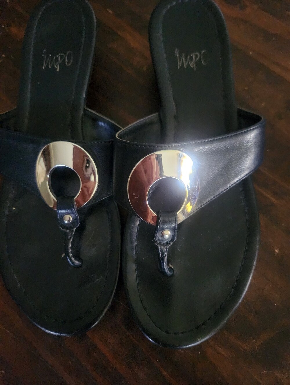 WPO Ella Black Thong Sandals with Silver Ring Accent - Picture 2 of 6